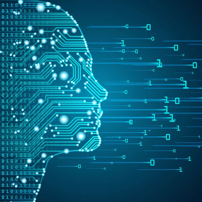 A digital illustration of a human head in profile facing right, made of glowing blue circuit lines and dots. The head appears semi-transparent, with binary code (ones and zeros) flowing outward from the face into a dark blue background, suggesting artificial intelligence, data processing, or advanced technology. 