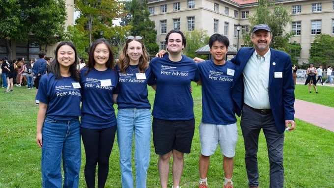 A photo of Dean David Ackerly with several Peer Advising Leaders standing outside of Mulford Hall.