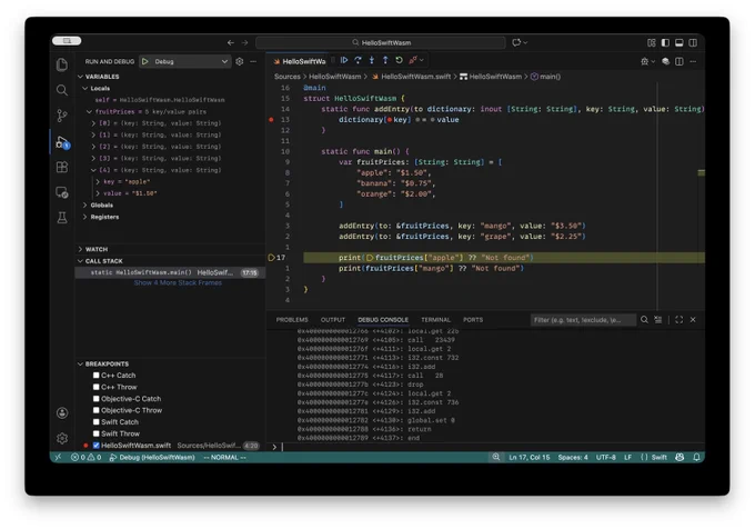 VSCode disassembling generated WebAssembly code from a Swift breakpoint. 