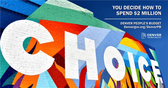 A colorful mural on a brick wall features the word "CHOICE" in large, bold letters. The background includes abstract shapes and vibrant colors. Text in the top right corner reads, "You decide how to spend $2 million," followed by "Denver People's Budget," along with a website link. The Denver city logo is positioned below.