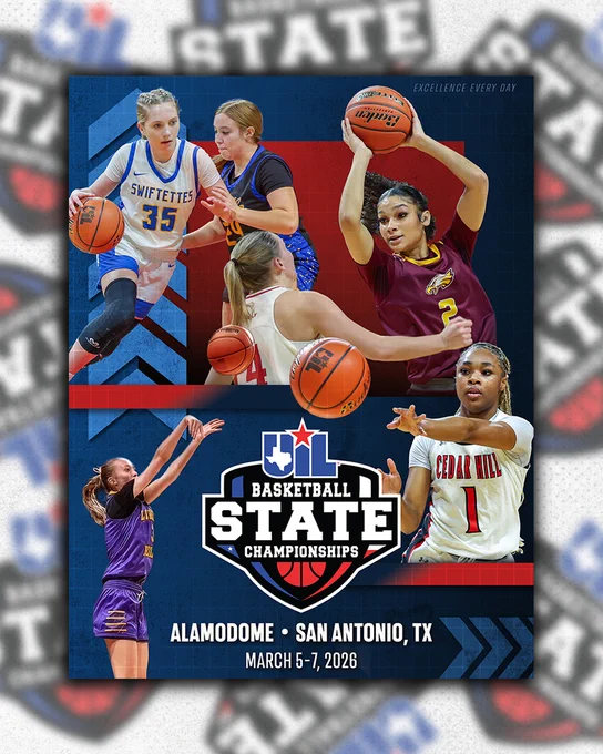 Graphic of a program cover featuring photos of six female student-athletes playing basketball. Text reads: “UIL Basketball State Championships. Alamodome - San Antonio, TX. March 5–7, 2026.”