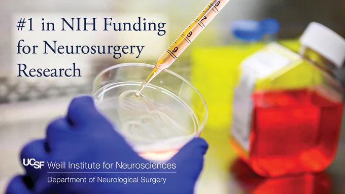 Close-up showing a scientist with purple gloves working in a tissue culture hood, pipetting media onto a plate of cultured cells. Text banner reads, #1 in NIH Funding for Neurosurgery Research. The UCSF Department of Neurological Surgery logo is visible in the corner.