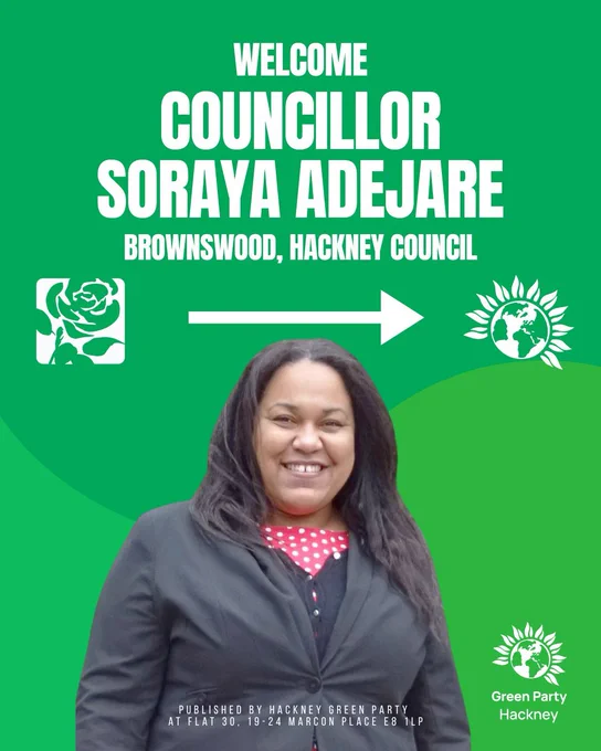 Graphic showing Cllr Soraya Adejare who has defected from Labour to the Green Party 