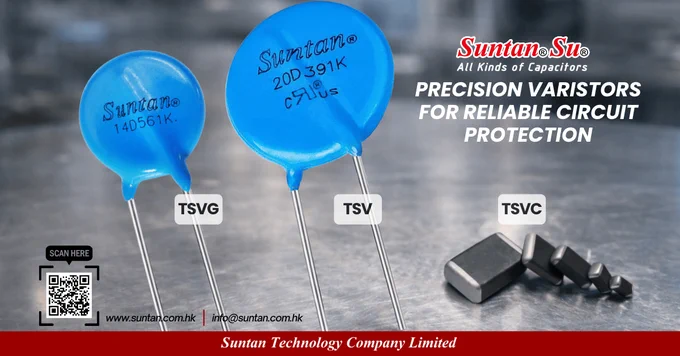 Suntan TSV TSVG TSVC varistor series including dipped MOV and SMD components for reliable circuit and surge protection applications