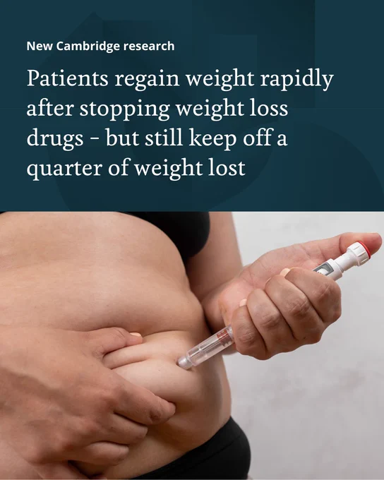 A person is injecting themselves in the abdomen with a syringe. The text above describes 'patients regain weight rapidly after stopping weight loss drugs- but still keep off a quarter of weight lost.'