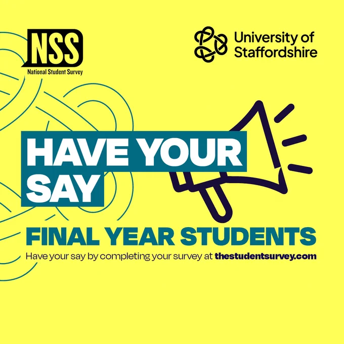 Yellow background with bold text saying "Have your say. Final Year Students, have your say by completing your survey at thestudentsurvey.com"
