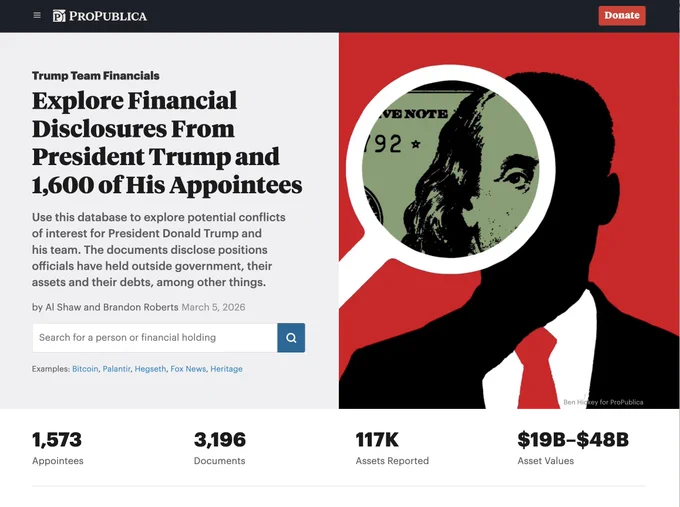 Screenshot of ProPublica webpage titled “Explore Financial Disclosures From President Trump and 1,500 of His Appointees,” accompanied by this blurb: “Use this database to explore potential conflicts of interest for President Donald Trump and his team. The documents disclose positions officials have held outside government, their assets and their debts, among other things.” A search bar prompts the user to search for a person or financial holding.