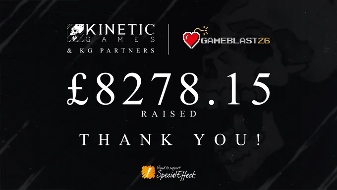 An image showing the total raised for Gameblast 2026 by Kinetic Games and the Kinetic Games Official Partners. The total is £8278.15.