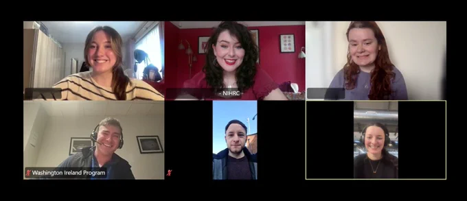 NIHRC staff on a Zoom call with members of the 2026 Washington Ireland Academy.
