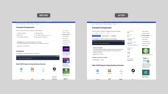 The image includes two screenshots of the Symfony Console package detail page. They show the before/after comparison of the latest redesign. The new designs provides more information and a better visual hierarchy.