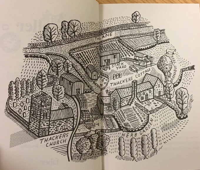 An illustration from inside the book, which shows an ink sketch of the village mentioned in the book.