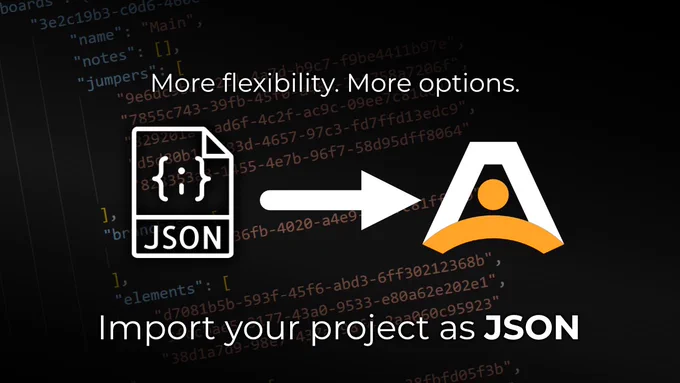 A graphic showing a JSON icon (left) and a white arrow pointing at the Arcweave logo (right). The background is black, with part of Arcweave JSON code emerging. A title at the top says "More flexibility. More options." A title at the bottom says "Import your project as JSON."