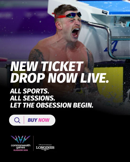 New ticket drop now live.

All sports. All session. Let the obsession begin.

BUY NOW

Glasgow 2026 Commonwealth Games