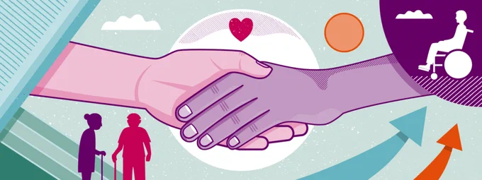 Hands of different colors joined in solidarity, set against a background highlighting accessibility and inclusion.