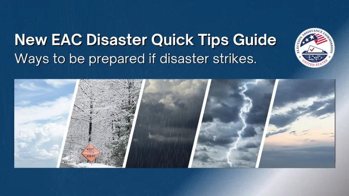 A dark blue and grey gradient background fills the frame. Top center in bold white text reads "New EAC Disaster Quick Tips Guide, Ways to be prepared if disaster strikes." To the right is a circular EAC logo. Below it is a collage of 5 images showing various weather patterns like cloudy, snowy, stor