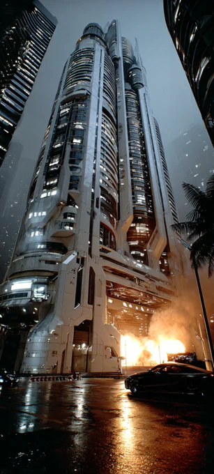 Urban scale meets cinematic entropy. 
Analyzing the dynamic roughness gradients on the wet asphalt against the towering emissive structural light. 
The procedural architectural details hold structural integrity perfectly under heavy atmospheric haze layers and volumetric ground-level bloom. 