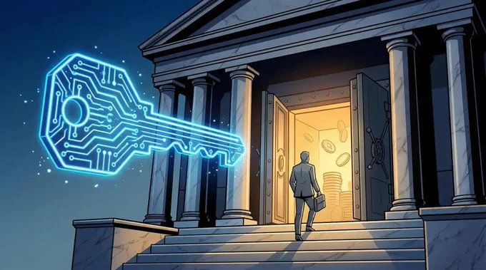 Editorial illustration of a glowing digital circuit-board key unlocking the doors of a neoclassical bank building with golden light spilling from inside while a suited figure walks up the marble steps.