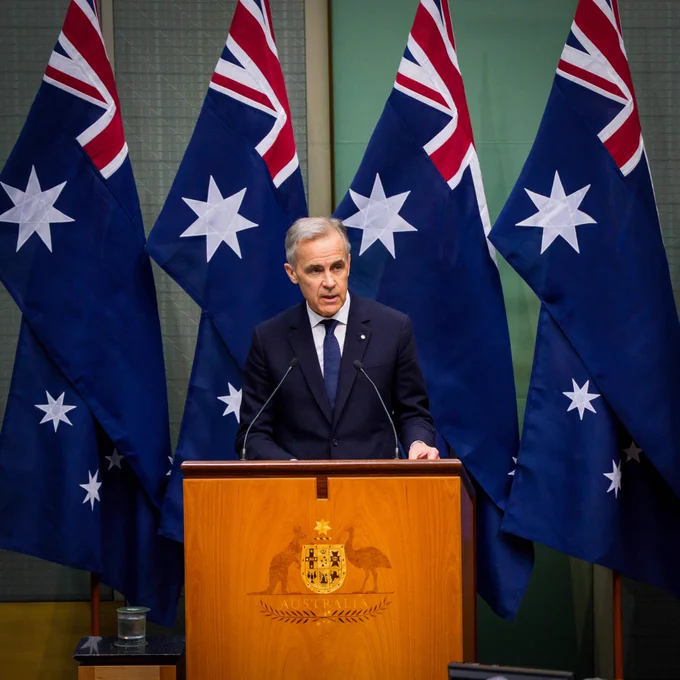 Prime Minister Carney delivers remarks in a joint meeting of the Australian Parliament in Canberra, Australia.
