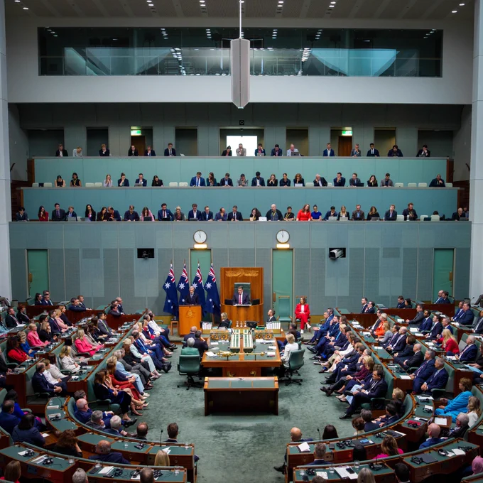 Prime Minister Carney delivers remarks in a joint meeting of the Australian Parliament in Canberra, Australia.