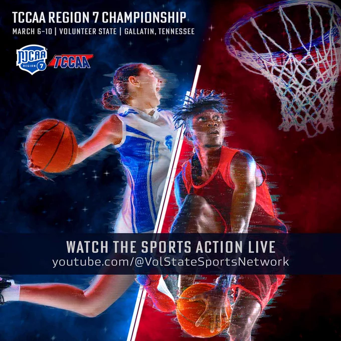 Graphic shows a young lady about to dunk a basketball and a man going up for a shot near a basketball hoop. Image includes the TCCAA and NJCAA logos.