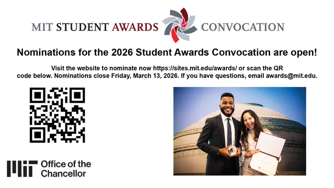 Poster for the event with a photo of two students holding an award.