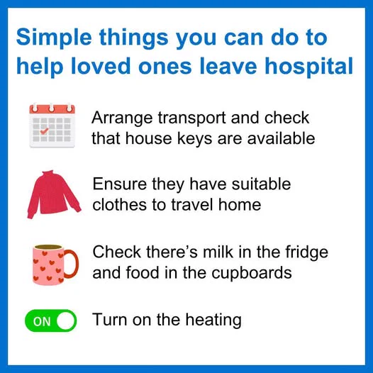 
A message about helping loved ones leave hospital it is accompanied by an icon of a calendar, red jumper, cup of coffee and an ON button.
Simple things you can do to help loved ones leave hospital.
Arrange transport and check that house keys are available.
Ensure they have suitable clothes to travel home.
Check there's milk in the fridge and food in the cupboards.
Turn on the heating.
