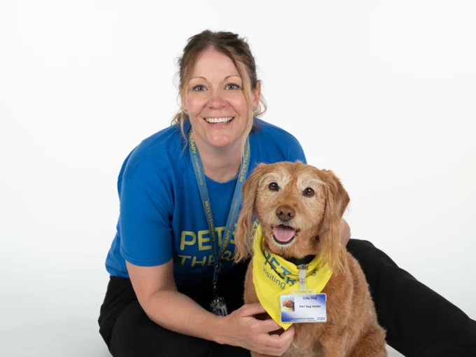 Cilla the dog with colleagues and sitting with patients