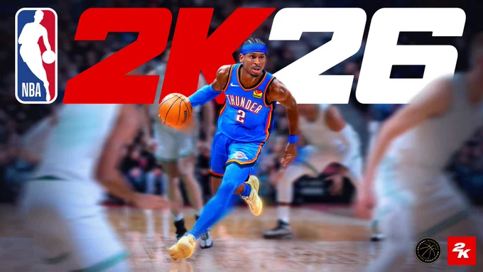 NBA 2K26 cover art featuring Shai Gilgeous-Alexander in a blue Oklahoma City Thunder uniform on a basketball court. 