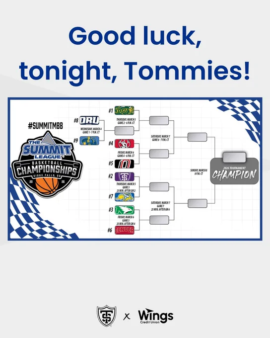 Bracket for the Summit League Basketball Championships with team logos. Text at the top reads, "Good luck, tonight, Tommies!" St. Thomas and Wings Credit Union logos are at the bottom.