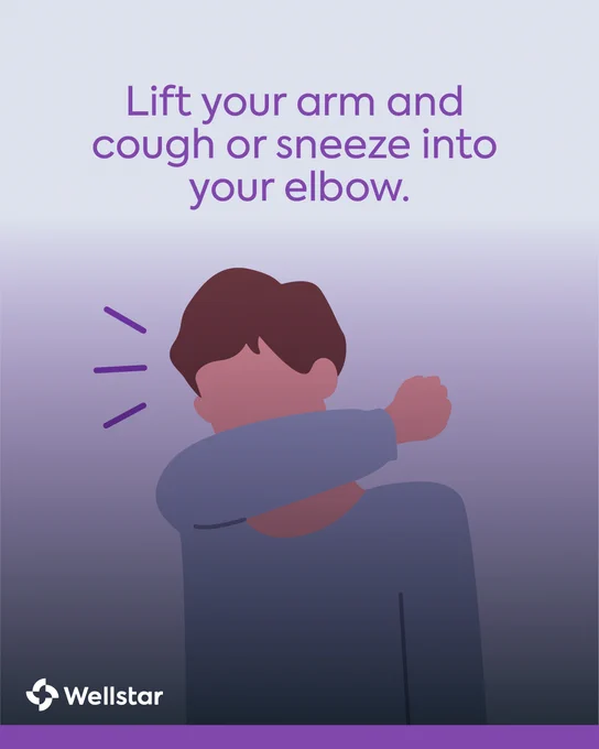 Illustration of person sneezing or coughing into elbow. Text reads \"Lift your arm and cough or sneeze into your elbow.\"