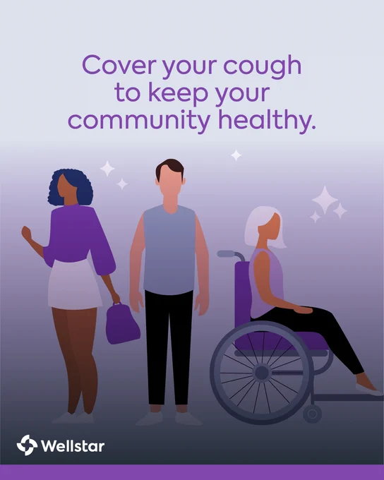 Illustration of group of people. Text reads \"Cover your cough to keep your community healthy.\"