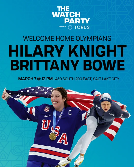 Images of Hilary Knight holding a US flag and Brittany Bowe speedskating on a blue background with The Watch Party logo. 