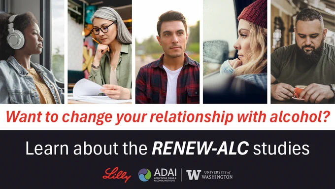 What to change your relationship with alcohol? Learn about the RENEW-ALC studies. Lilly, ADAI, UW logos