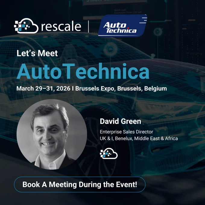 Rescale graphic for AutoTechnica 2026 showing a digital wireframe car background, Rescale and AutoTechnica logos, the text “Let’s Meet AutoTechnica – March 29–31, 2026 | Brussels Expo, Brussels, Belgium,” a grayscale headshot of Rescale representative David Green with the title “Enterprise Sales Director, UK & I, Benelux, Middle East & Africa,” and a call-to-action button reading “Book A Meeting During the Event!”