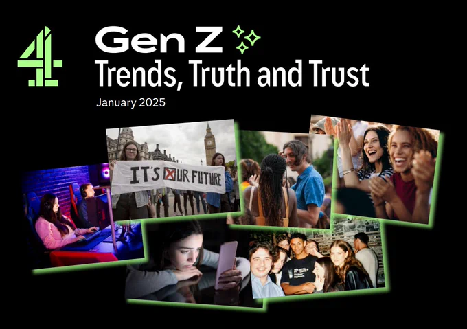 On a black background it says in white text Gen Z Trends, Truth and Trust January 2025. Then beneath it are six overlapping photos of Gen Z people in different scenarios from looking at computer screens and on protests to clapping and at group events. There is a Channel 4 logo in the top left-hand corner.
