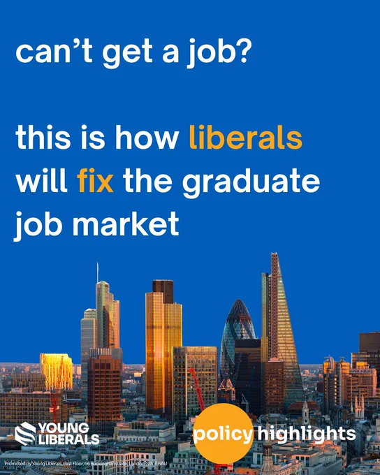 Graphic with a blue background and a London skyline featuring skyscrapers including the Gherkin and the Shard. Large text reads: “Can’t get a job? This is how liberals will fix the graduate job market.” A Young Liberals logo appears with a yellow circle labelled “policy highlights.”