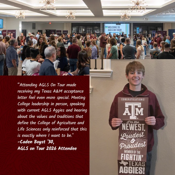 A person smiles while holding a Texas A&M banner in front of a large group of people at an indoor event. A quote next to the person expresses their positive experience attending the AGLS On Tour event.