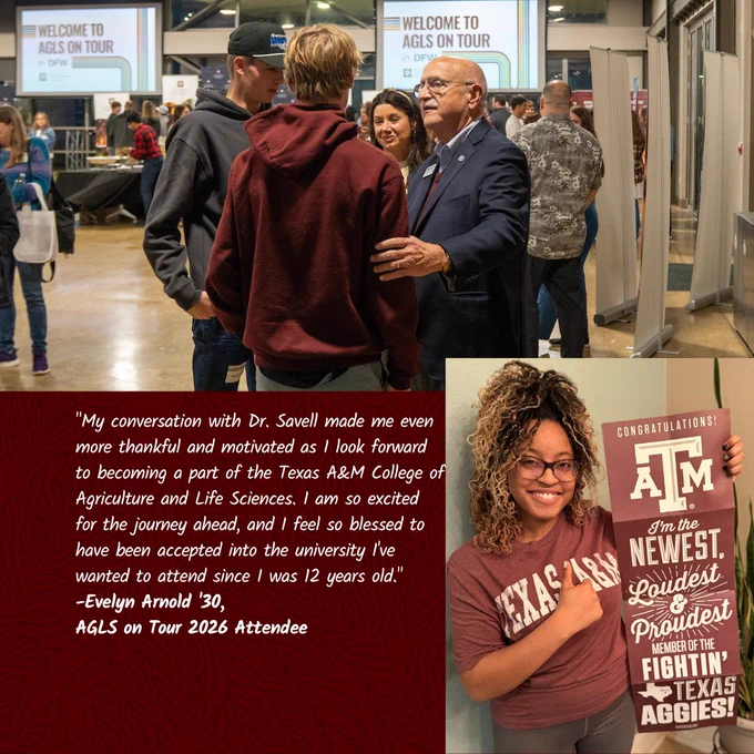 Sure! Here's a suitable alternative text:

A person standing indoors holds a Texas A&M sign celebrating their acceptance into the College of Agriculture and Life Sciences. Next to this, a quote expresses excitement and gratitude for being part of Texas A&M University. In the background, another person is interacting with attendees.