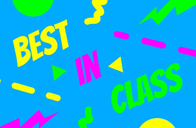 "Best in Class" card back with lines and squiggles in Magenta, Neon Green, and Yellow on light blue background.