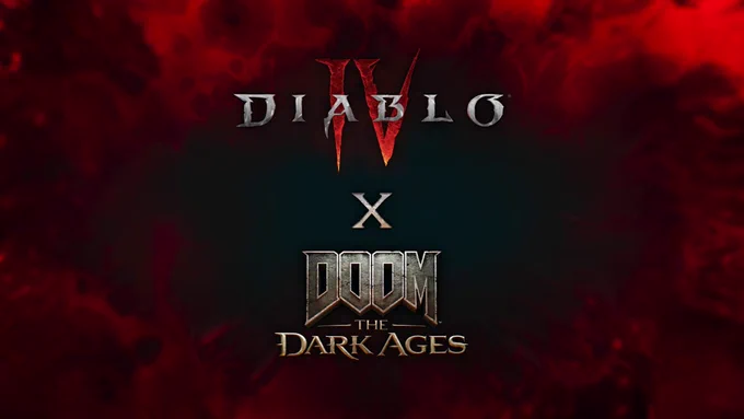 Image showing the Diablo IX x DOOM: The Dark Ages logos on a grey background.