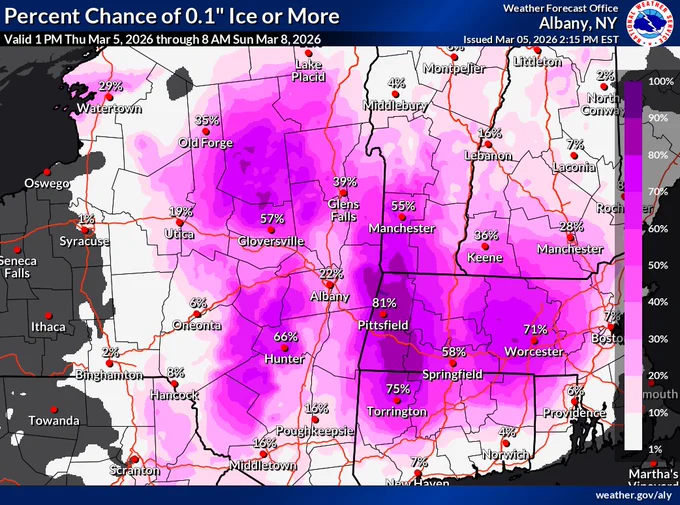 Image shows the probability of at least one tenth of an inch of flat ice across eastern New York and western New England through Friday morning.