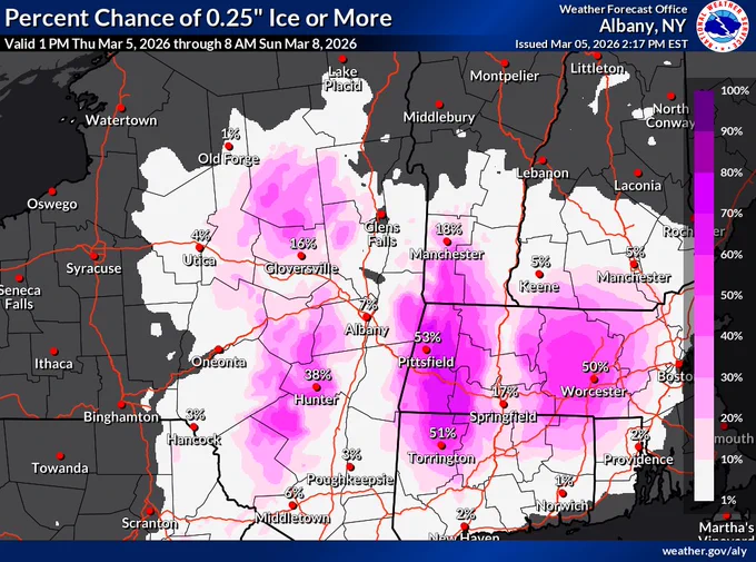 Image shows the probability of at least one quarter of an inch of flat ice across eastern New York and western New England through Friday morning.