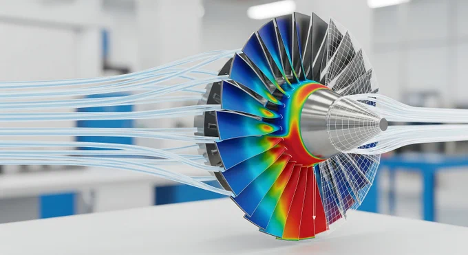 3D engineering visualization of airflow through a turbine fan, with color‑mapped simulation results and wireframe geometry illustrating integrated modeling and simulation on a single platform.
