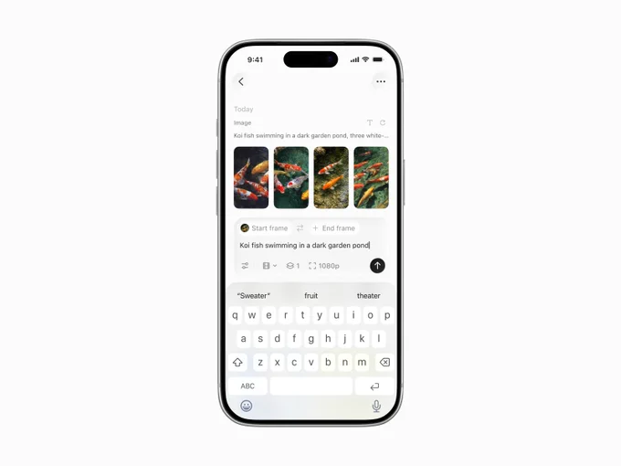 iPhone screenshot of the ElevenLabs app showing an image generation prompt for koi fish, with four preview thumbnails and a start/end frame prompt box above the keyboard.
