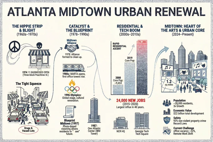 Infographic titled 'ATLANTA MIDTOWN URBAN RENEWAL' in large, bold, dark blue sans-serif lettering with dot-matrix texture across top; background is off-white with a dotted border. Left section labeled 'THE HIPPIE STRIP & BLIGHT (1960s-1970s)' shows a peace symbol emitting dotted trail toward a storefront with striped awning, 'CLOSED' sign on door, and skull icon above; below, text '1974: 11 BUSINESSES OPEN (Three-block Peachtree St.)'; further down, illustration of congested street labeled 'The Tight Squeeze' with cars, pedestrians, one figure holding money bag, and label 'Drugs & Vacant Lots' in red oval. Center section 'CATALYST & THE BLUEPRINT (1978-1990s)' includes handshake icon over 'Midtown Alliance' text with note '1978: Alliance formed to clean up.'; curved dotted arrow leads to MARTA train illustration labeled '1980s: MARTA opens, first office towers rise.'; next, Olympic rings with flame logo labeled '1996 Olympics: Global stage, cultural renovation.'; then scroll icon label