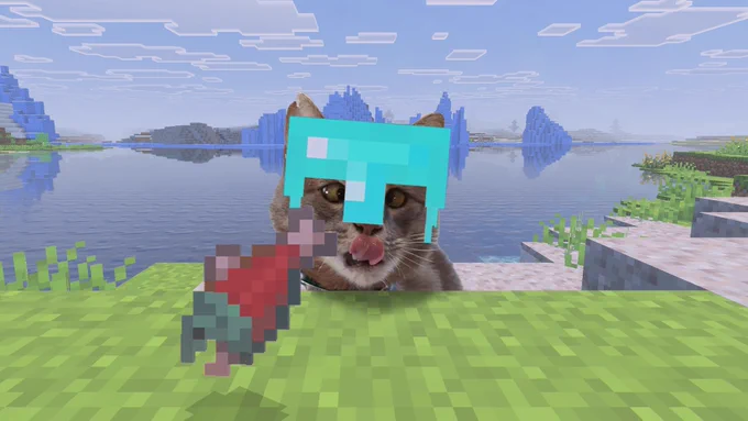 Image of a real-life cat mid lick wearing an in-game diamond helmet. A in-game fish is in front of them. 