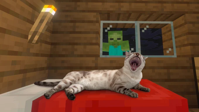 Image of a real-life cat mid yawn laying upon a Minecraft bed. a Zombie is peeking through the window.