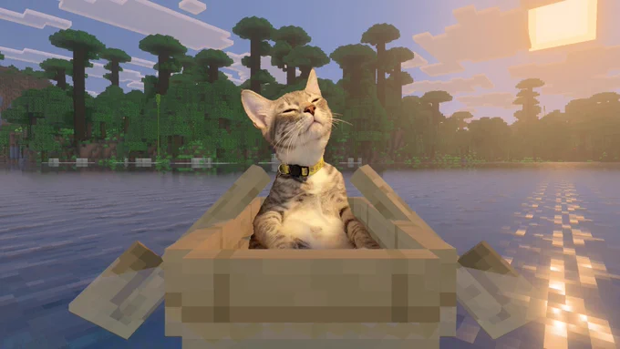 Image of a real-life cat sitting atop a boat in Minecraft basking in the sun