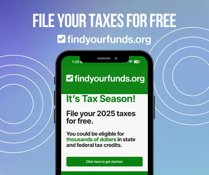 A graphic with a phone that says "file your taxes for free at www.findyourfunds.org"