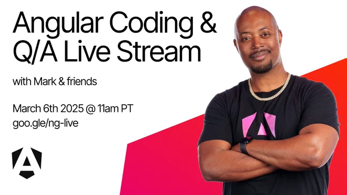 Headline: "Angular Coding & Q/A Live Stream with Mark & friends".
Featured Person: Mark Thompson stands with arms crossed, wearing a black Angular t-shirt and a gold chain, against a white and red background.
Event Schedule: March 6th, 2025 @ 11am PT.
Direct Link: goo.gle/ng-live.
Logo: The Angular "A" shield is positioned in the bottom-left corner.